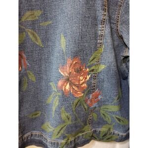 Kate Landry Stretch Blue Denim Jacket red Roses Print Unique Wash Sz XL